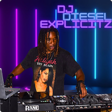 DJ performing behind a club mixer under purple and blue neon lights, wearing a black T‑shirt with a woman's portrait, hands on the decks