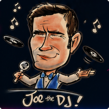 Cartoon caricature of a DJ juggling vinyl records with a headset and the caption 'Joe the DJ!' beneath him