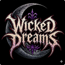 Logo for Wicked Dreams, a gothic-style band/album title, with an ornate font over a dark crescent moon in the background.