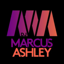 Logo for DJ Marcus Ashley featuring purple gradient M shapes and orange text on a black background.