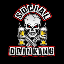Logo featuring a menacing skull with crossed bones and two clinking beer mugs, with bold text banners above and below on a black background.