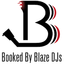 Logo for Booked By Blaze DJs with a stylized black 'B' and a microphone silhouette, plus the brand name.