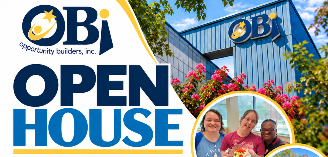 OBI Open House banner with logo, bold OPEN HOUSE text, blue building, and a circular photo of three smiling people.