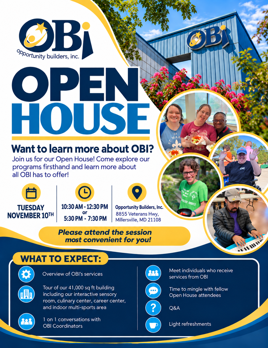 Poster announcing OBI Open House with logo bold OPEN HOUSE text and circular photo collage of attendees on the right plus event details at the bottom left
