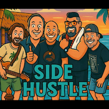 Five friends stand together on a tropical beach, thumbs up, with a bold 'SIDE HUSTLE' sign in front of them.